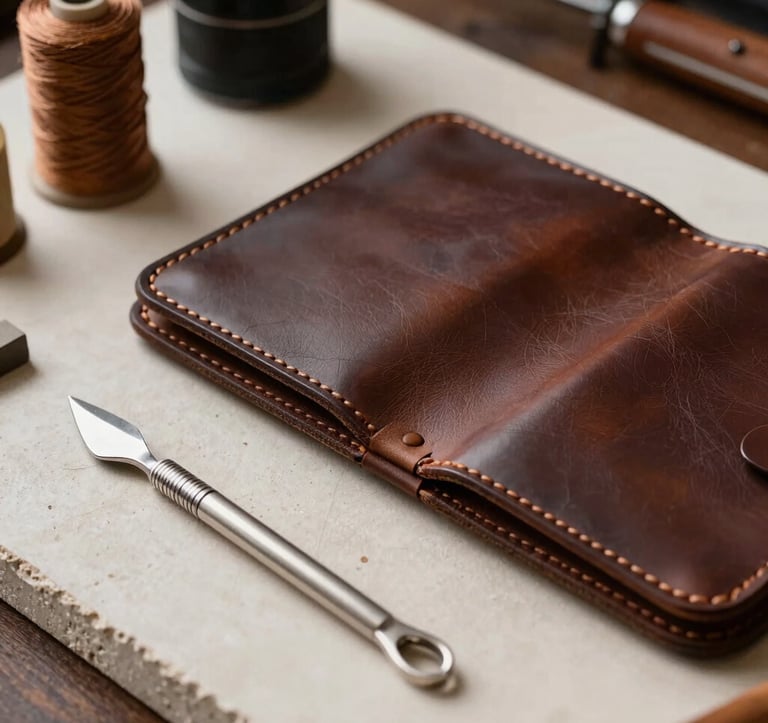A premium, close-up photograph of a luxury leather artisan's desk in a Western European studio. A partially completed leather portfolio in deep bronze is visible. High-quality silver tools and thick thread rest on an off-white stone surface. Soft, professional studio lighting focuses on the texture.