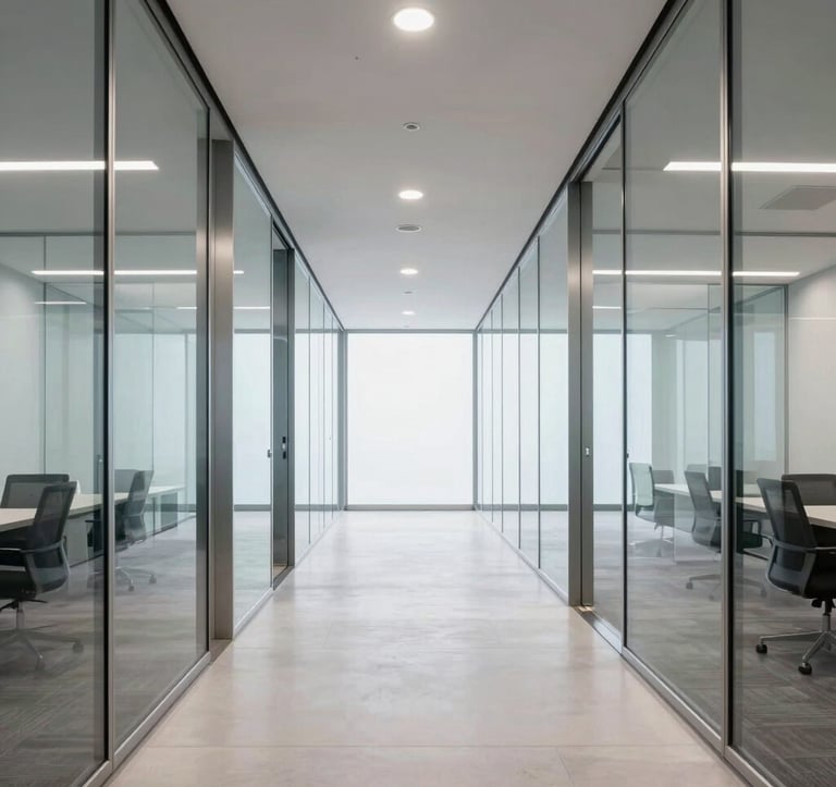 A minimalist corporate office corridor with sleek glass partitions and silver accents in a North American skyscraper. The lighting is bright and clean, reflecting a professional atmosphere of transparency and technological innovation.