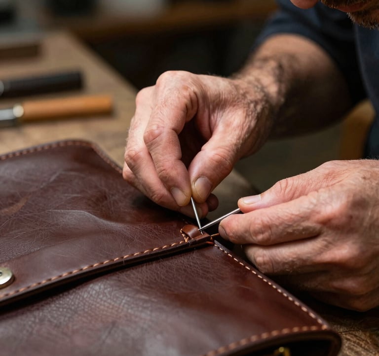 Close-up photography of a master craftsman in a Western European atelier working on a premium leather bag. The focus is on the intricate hand-stitching with metallic silver needles and high-quality dark brown leather, illuminated by soft, focused studio lighting.