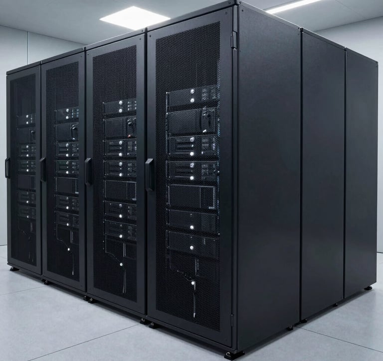 A clean, minimalist photograph of a high-tech server room in a North American facility. Rows of sleek black server racks with small silver indicators. The lighting is low and professional, emphasizing precision and modern technology.