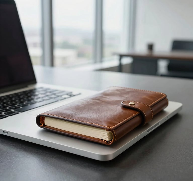 A close-up photograph of a premium silver laptop and a leather-bound journal resting on a polished dark charcoal desk. The background is a blurred, minimal executive office in Western Europe with floor-to-ceiling windows. The composition is clean and focused, using soft natural light to highlight textures.