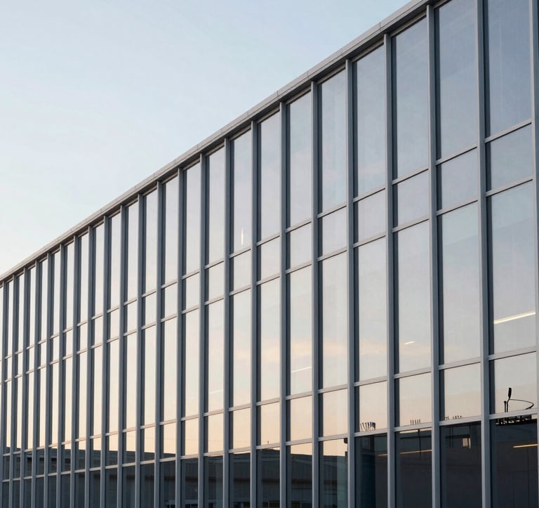 An architectural, minimalist photograph of a high-tech logistics hub in North America. The composition features clean vertical lines of silver steel and large glass panes reflecting a pale morning sky, emphasizing efficiency and modern infrastructure.