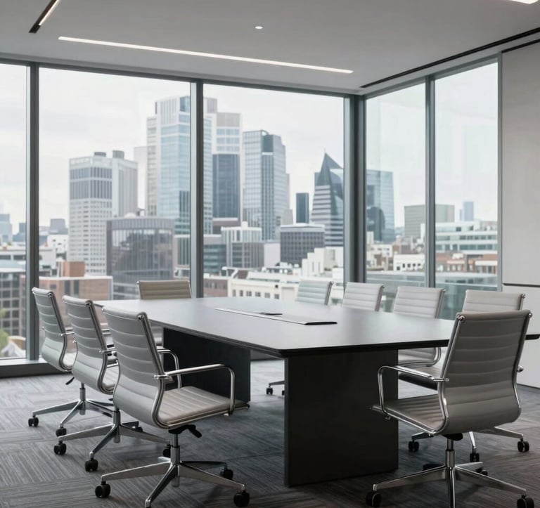 A wide-shot photograph of a minimalist executive boardroom in London. A large, dark charcoal table is surrounded by modern silver chairs. A city skyline is visible through the floor-to-ceiling windows. The scene is bright, calm, and professional, representing a stable corporate foundation.