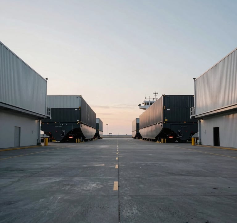 A wide, minimalist shot of a clean and quiet modern shipping terminal at dawn. The color palette consists of soft silvers, greys, and blacks. The composition is highly symmetrical, suggesting order and logistics expertise in a North American port setting.