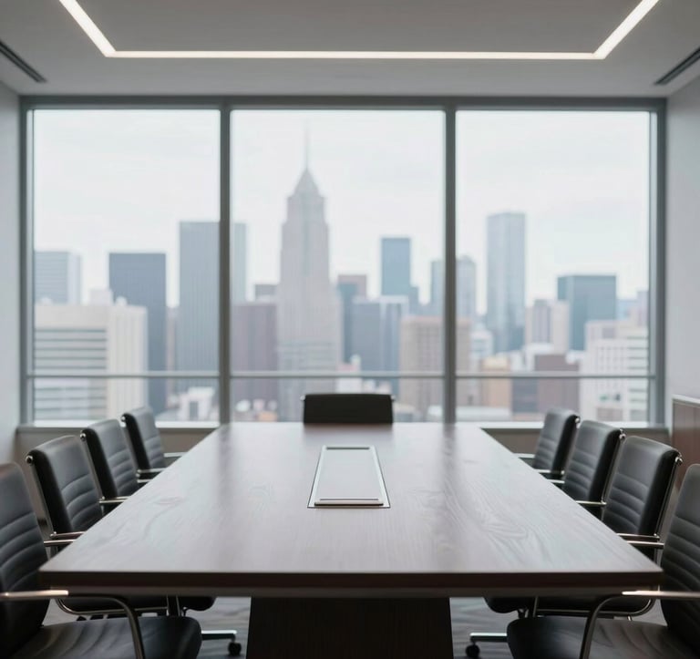 A clean, professional photograph of a minimalist board room in North America, featuring a large dark wood table, silver accents, and floor-to-ceiling windows showing a bright, soft-focused urban skyline.