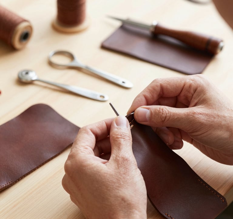 A detailed shot of an artisan's hands meticulously stitching a piece of high-quality dark brown leather. The setting is a bright, minimal workshop in Western Europe with silver tools arranged neatly on a wooden workbench. The mood is focused and serene, emphasizing premium quality and heritage craftsmanship.