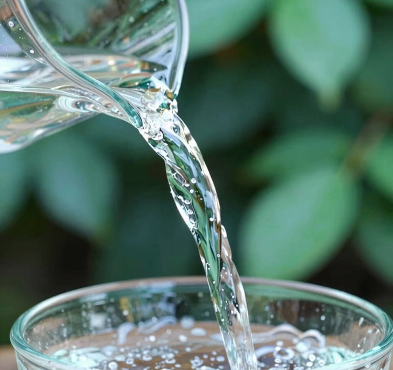 Macro shot of pure, crystal clear water being poured into a sustainable vessel, with soft focus on lush green foliage in the background. Lighting is bright and trustworthy, featuring #306B70 teal highlights.