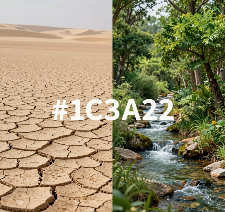 A split screen effect where the left side is a dry, cracked desert and the right side is a lush, thriving ecosystem with green trees and clear streams. The style is modern and inspiring, using #1C3A2D and #9CB887.