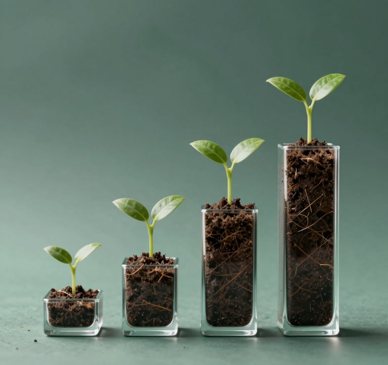 An abstract, professional visualization of growth: a series of increasing glass bars containing soil and seedlings, symbolizing financial growth through environmental impact. Features #306B70 and #1C3A2D tones.