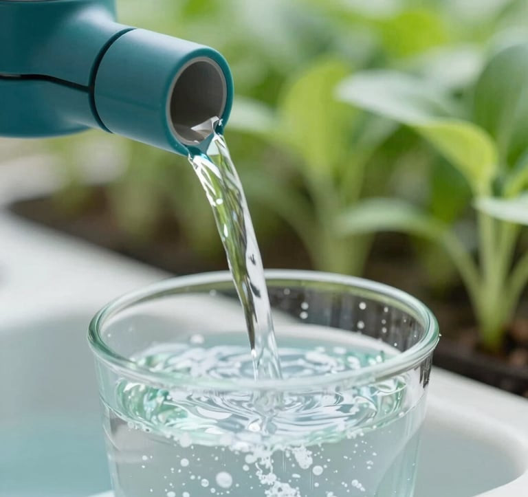 Close-up of a high-tech water filtration system showing crystal clear water flowing, with soft focus on a background of sprouting green plants, featuring colors like #306B70 and #9CB887.