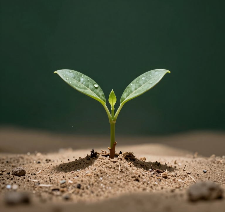 Professional studio shot of a young, green plant sprout emerging from dry desert sand, illuminated by a spotlight, symbolizing hope and sustainable success. Clean composition with dark green tones.