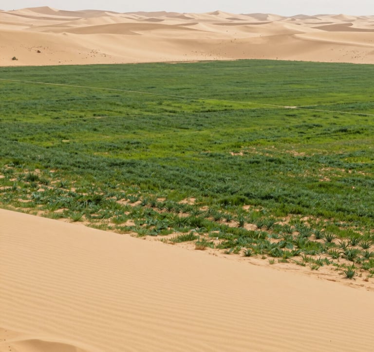 A wide-angle landscape showing the boundary between a dry desert and a vibrant, green cultivated field, symbolizing the transition of desert greening, lit by natural daylight with hints of #9CB887.