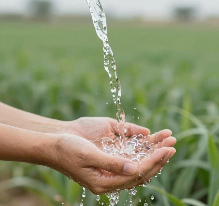 A close-up shot of crystal clear water being poured into hands, symbolizing abundance and life, with a blurred background of a flourishing green desert farm. Soft, trustworthy lighting, incorporating the brand's sage green palette.