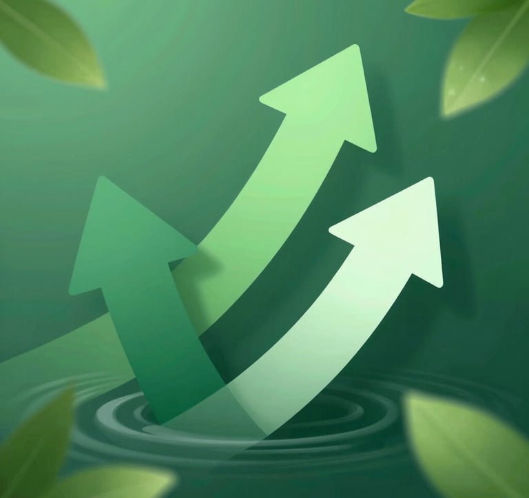 An abstract, professional composition of growth arrows overlapping with green leaves and water ripples, embodying the brand colors #306B70 and #9CB887.