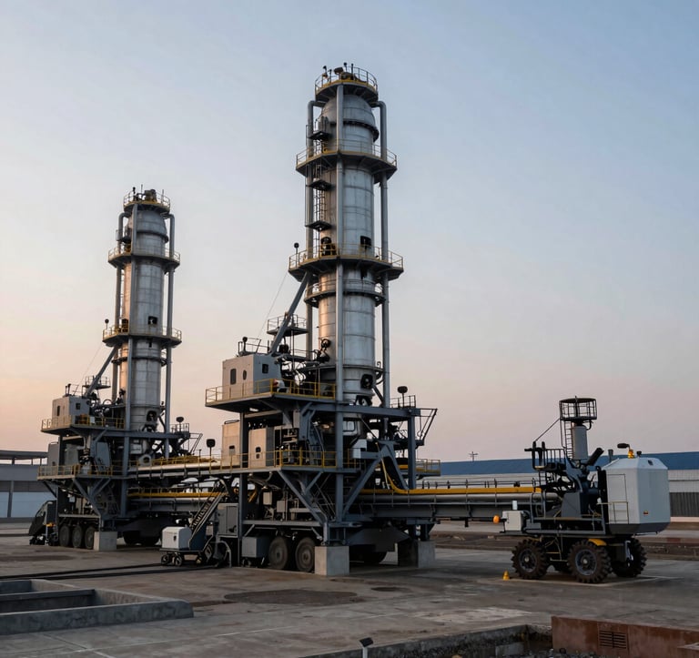 High-end photography of a modern industrial mining operation in a Global / Emerging Markets region. Sophisticated machinery against a vast landscape at dawn. The composition is clean and authoritative, with professional lighting.