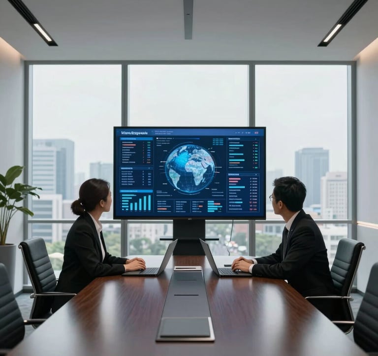 An interior shot of a minimalist, luxury boardroom in a high-rise office. Two professional executives, dressed in high-end corporate attire, are reviewing digital data on a large screen. The atmosphere is quiet, authoritative, and sophisticated, with a view of a global city through the window.