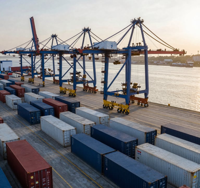 A high-perspective photograph of a modern industrial commodity port at sunrise. Rows of shipping containers and large-scale infrastructure. Professional, authoritative, clean composition. Global / Emerging Markets. Colors include dark blue and off-white.