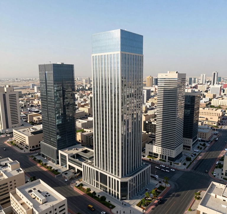 An aerial drone photograph looking down on a modern, well-planned residential and commercial district in a city in the Middle East or Southeast Asia. The architectural design is contemporary and clean, bathed in bright, clear daylight with pale blue sky reflections.