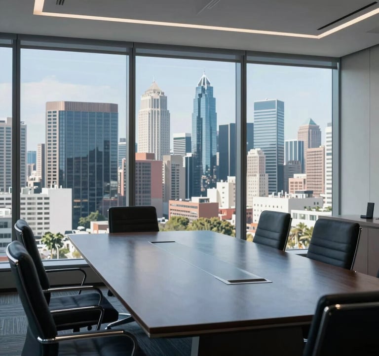 Interior photography of a modern, minimalist boardroom overlooking a vibrant Global / Emerging Markets city skyline. Polished surfaces, deep navy and light blue accents, atmosphere of rigorous professionalism and trust.