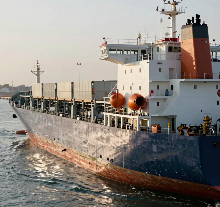 Clean photography of a large cargo vessel navigating a busy trade port in the Middle East. Global / Emerging Markets context. High-contrast lighting, sharp focus on the ship's bridge, reflecting trade flow and execution excellence.