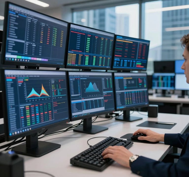 A sharp, focused photograph of a high-tech financial trading desk with multiple monitors displaying data, set in a sleek, professional office in a city like Singapore or Dubai. Global / Emerging Markets. Deep blue tones.