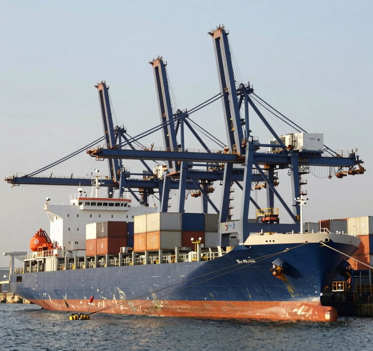 A sharp, focused photograph of an industrial port in Global / Emerging Markets during daytime. Large merchant ships are docked alongside high-tech cranes. The color palette includes steel blue and off-white tones, emphasizing commodity flow and execution excellence.