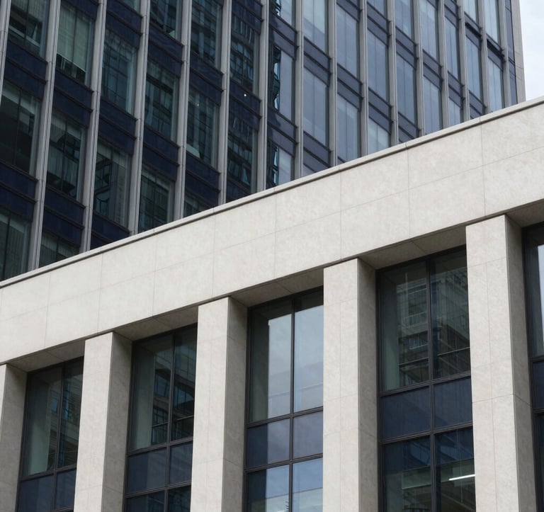 A close-up, sharp photography of architectural details of a modern bank headquarters in an emerging market financial district. The facade is composed of glass and steel in shades of dark navy and off-white. The lighting is clean and professional, conveying reliability and modern strength.
