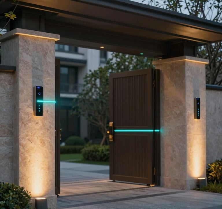 Modern villa entrance gate at night with integrated high-tech facial recognition camera. The stone pillars are illuminated by soft gold #A8875D spots. A sleek teal #2E7D8A glowing line indicates the system is active. High security meets high style.