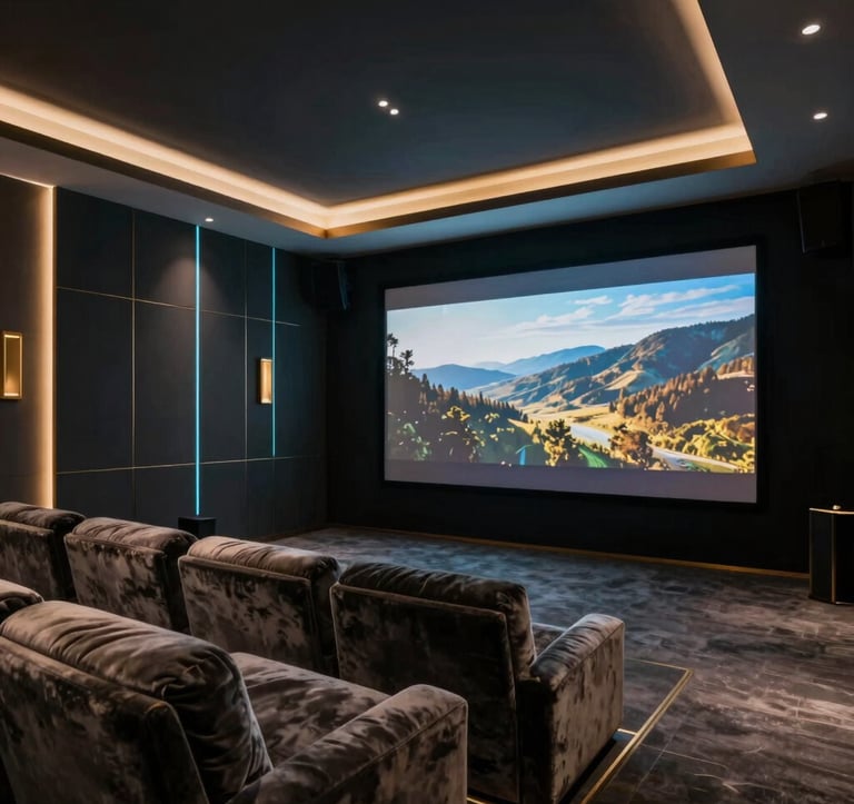 A luxury home cinema room in a modern villa. Dark acoustic wall panels with subtle teal light strips. Plush, oversized seating. A massive, high-definition screen displaying a cinematic landscape. The lighting is moody and exclusive, featuring gold #A8875D hardware accents.