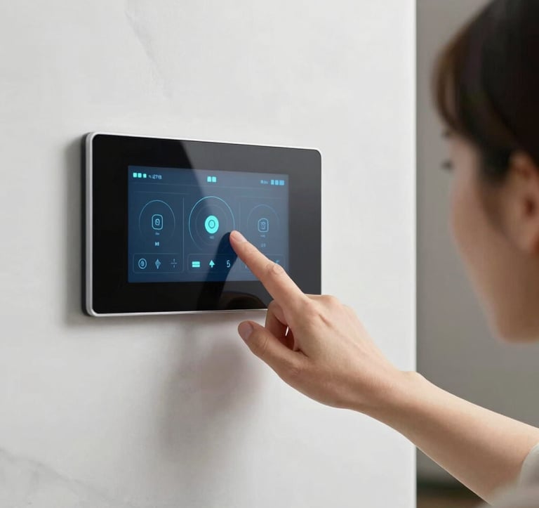 A hand interacting with an elegant wall-mounted smart touch panel. The panel is minimalist glass on a white marble wall. The interface shows lighting levels and motorized blind controls with teal icons. High-tech, polished aesthetic in a luxury setting.