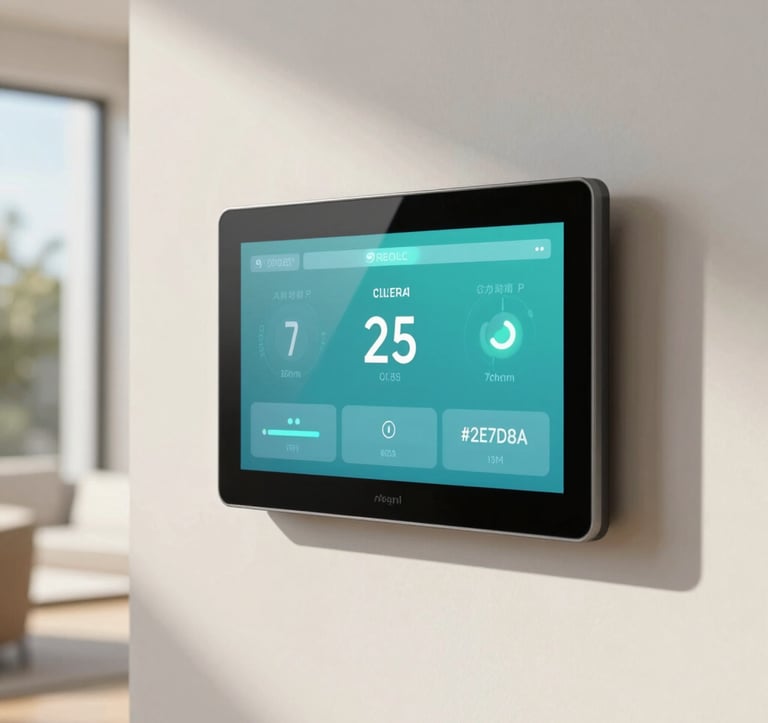 A close-up of a high-tech climate control interface on a minimalist wall. The room is a bright, sun-drenched villa interior with soft shadows. The screen shows a sleek UI with teal accents (#2E7D8A), emphasizing intuitive climate management in a high-end environment.