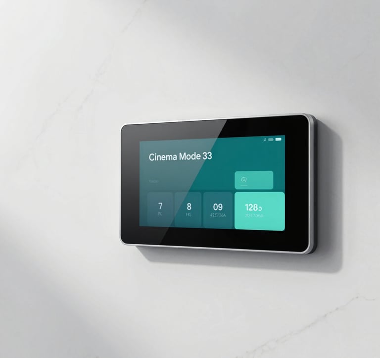 A minimalist, ultra-slim smart touch panel mounted on a polished white marble wall. The screen displays an intuitive 'Cinema Mode' interface with teal accents. The lighting is soft and professional, reflecting the high-tech luxury of #2E7D8A teal tones.