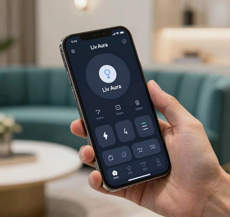 Close-up of a high-end smartphone held by a hand in a luxury setting. The screen displays the Liv Aura mobile app with a sleek, dark interface showing controls for climate, lighting, and security. Background is a soft-focus luxury lounge with teal accents.