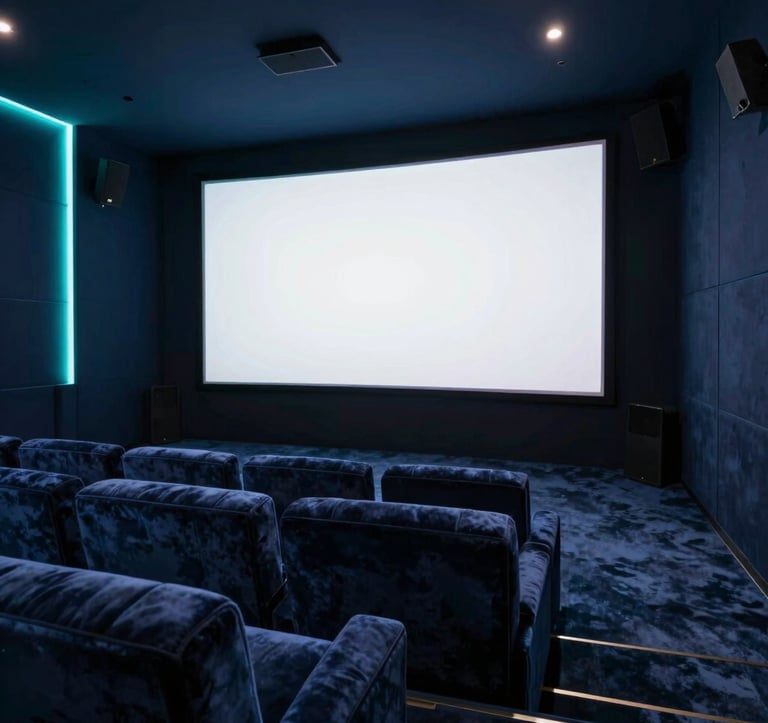 A luxury home cinema room featuring deep velvet seating, acoustically treated walls in navy #0F1A2B, and a massive 4K projection. Hidden teal #2E7D8A LED strips provide a futuristic glow. The style is ultra-premium, cinematic, and polished.