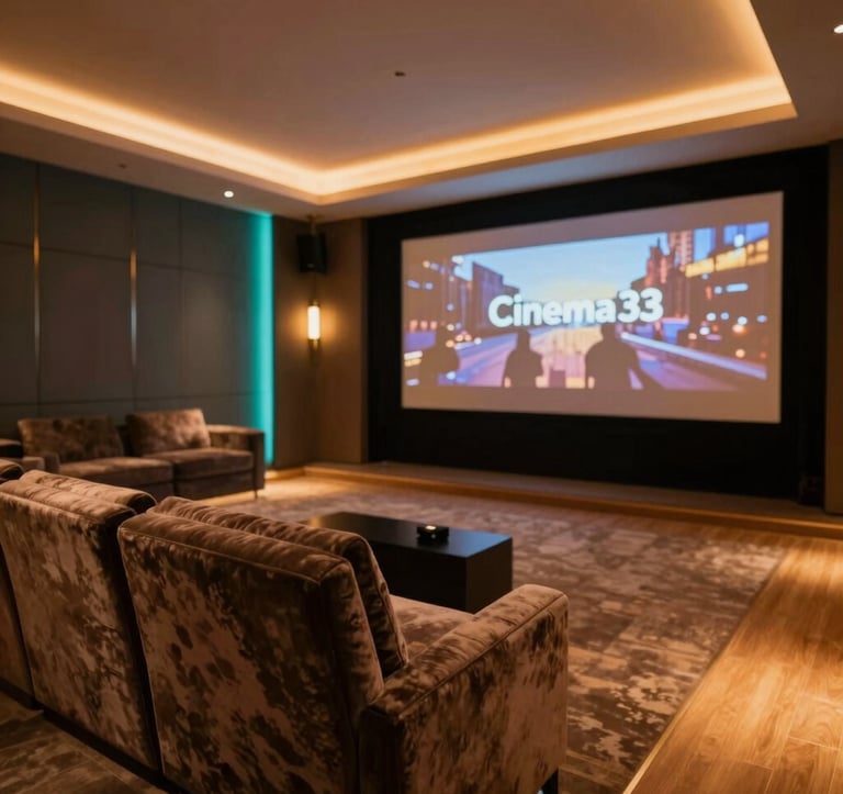 A luxury home cinema room in a Dubai penthouse. Deep velvet seating, ambient orange-gold floor lighting, and a large screen. In the foreground, a wall panel shows the 'Cinema' scene activated, dimming the teal accent lights. Sophisticated and opulent mood.
