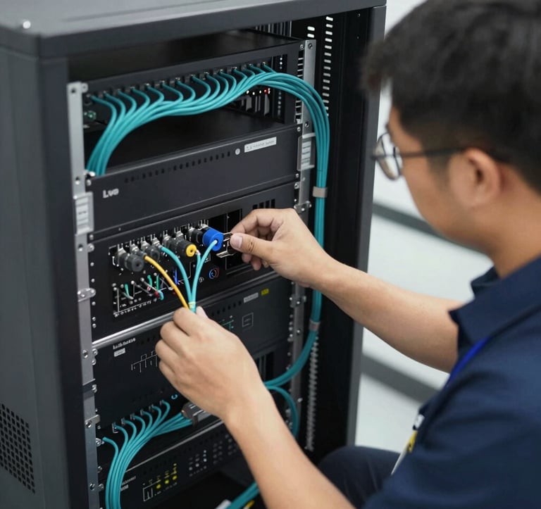 Expert technician in a clean, high-tech environment working on a sophisticated AV rack with organized teal wiring. The shot is high-angle and professional, emphasizing the precision of Liv Aura's installations in #0F1A2B and #2E7D8A.