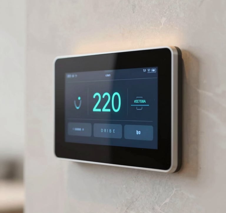Close-up of a high-end, minimalist smart climate control touch panel mounted on a light marble wall. The interface shows temperature settings in a sophisticated teal font #2E7D8A. Soft, warm lighting #A8875D reflects off the screen edge. Ultra-modern aesthetic.