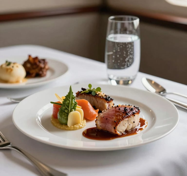Close-up of a perfectly plated gourmet meal on a private jet tray table. Features fresh ingredients, elegant silverware, and a glass of sparkling water. Soft, warm lighting highlighting textures. Sophisticated aesthetic.