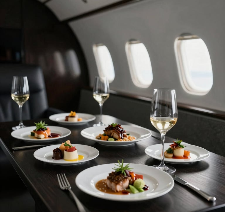 Gourmet dishes and fine beverages presented on a luxurious table inside an executive jet. Elegant composition, modern aesthetic, cinematic lighting highlighting fresh ingredients. Incorporates black (#121212) and dark gray (#666666) tones.