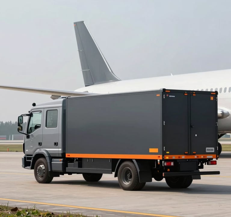 A sophisticated logistics vehicle elegantly supplying an aircraft with fresh catering supplies on the runway. Modern composition, sharp focus, capturing efficiency. Colors include sleek grays (#666666), black (#121212), and hints of vibrant orange (#D9531E).
