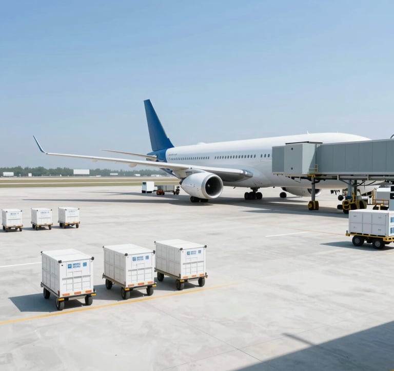 Minimalist shot of a modern logistics terminal for aviation catering. Clean white surfaces, organized transport carts, and the tail of a jet visible in the background under clear blue sky.