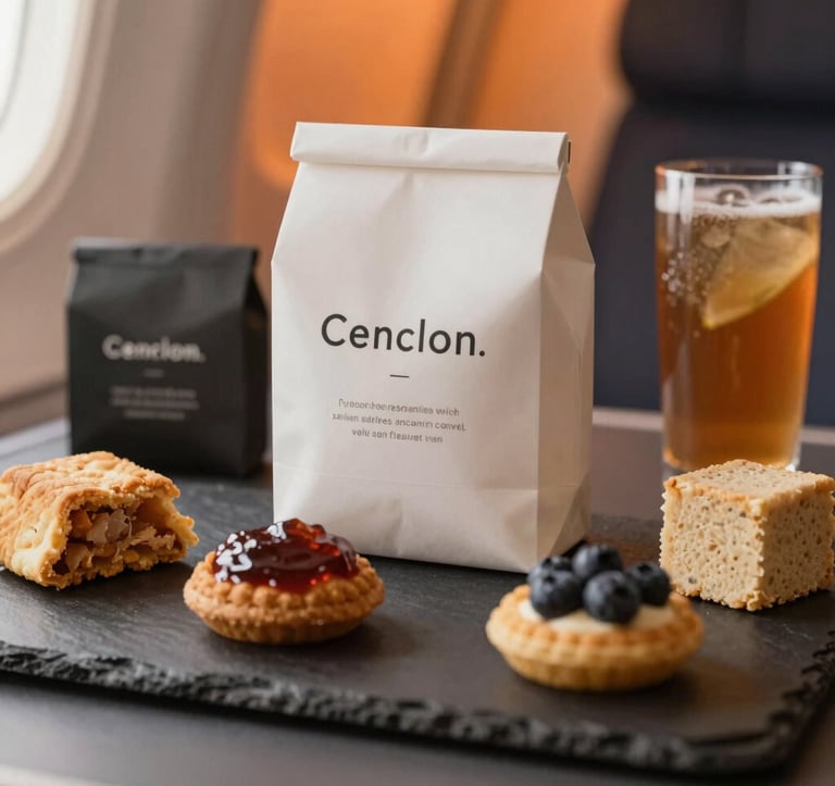 Close-up of premium airline snacks and a selection of artisan beverages. The packaging is minimalist and sophisticated, arranged on a dark slate surface with warm orange highlights in the background.