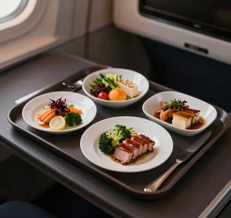 A top-down view of a gourmet commercial flight meal tray, featuring fresh ingredients, modern minimalist plating, and elegant cutlery, set against a dark, textured background with soft orange lighting.