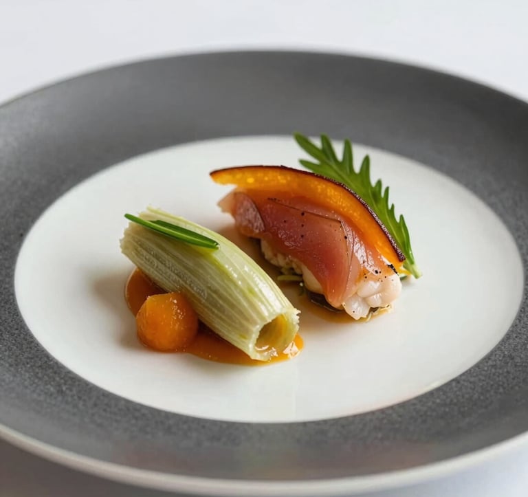 Close-up of a high-end gourmet dish prepared for executive aviation, featuring fresh ingredients and minimalist presentation on a sleek white plate with charcoal gray background accents and soft orange garnishing.