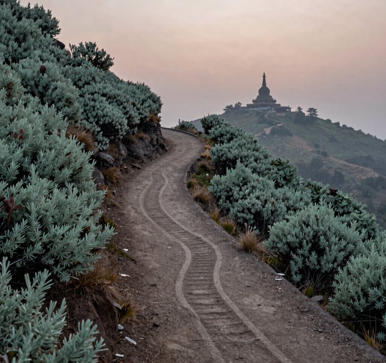 An elegant photo of a winding tracking route carved into the side of Phulchoki hill. The path is surrounded by sage green shrubs, with a distant, misty view of a traditional stupa silhouette against the horizon at dusk.