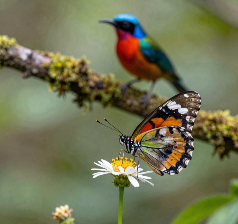 A stunning macro photograph of a rare, colorful Himalayan butterfly resting on a wildflower. In the blurred background, a exotic bird with vibrant plumage is perched on a mossy branch. The lighting is soft and dappled, filtering through a sage green forest canopy.