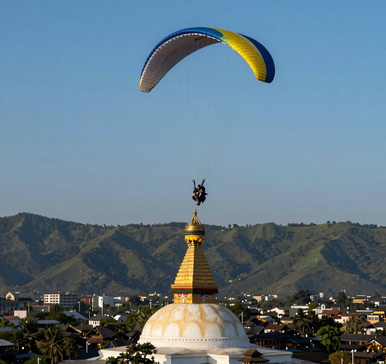A paraglider soaring through a clear blue sky, with the golden spire of the Boudha Stupa visible far below in the valley. The sunlight highlights the rich sage green of the hills and the dark slate grey of the architectural details. Elegant and adventurous mood.