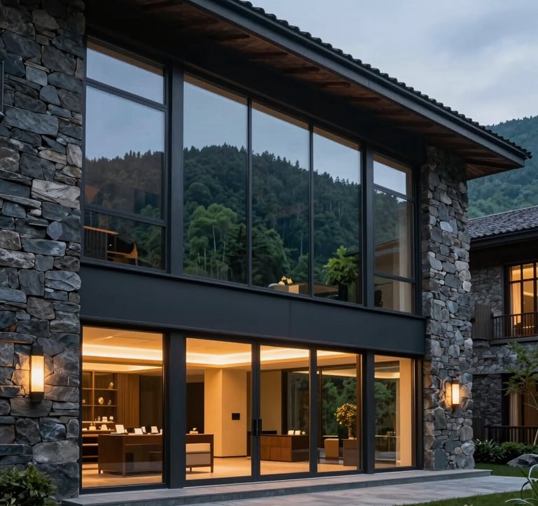 Exterior architectural photography of a luxurious 5-star mountain resort at dusk. The building features large glass windows reflecting the deep sea green forest. Soft, warm interior lighting glows against the dark slate grey stone facade.
