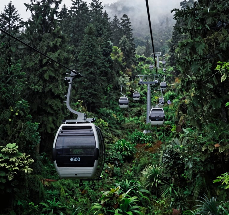 Photography of a modern 4600-meter cable car line cutting through the dense, vibrant green forests of Phulchoki. The composition is from below, looking up toward the cable car cabins disappearing into a soft mountain mist. Palette dominated by seaweed green and dark slate grey shadows.
