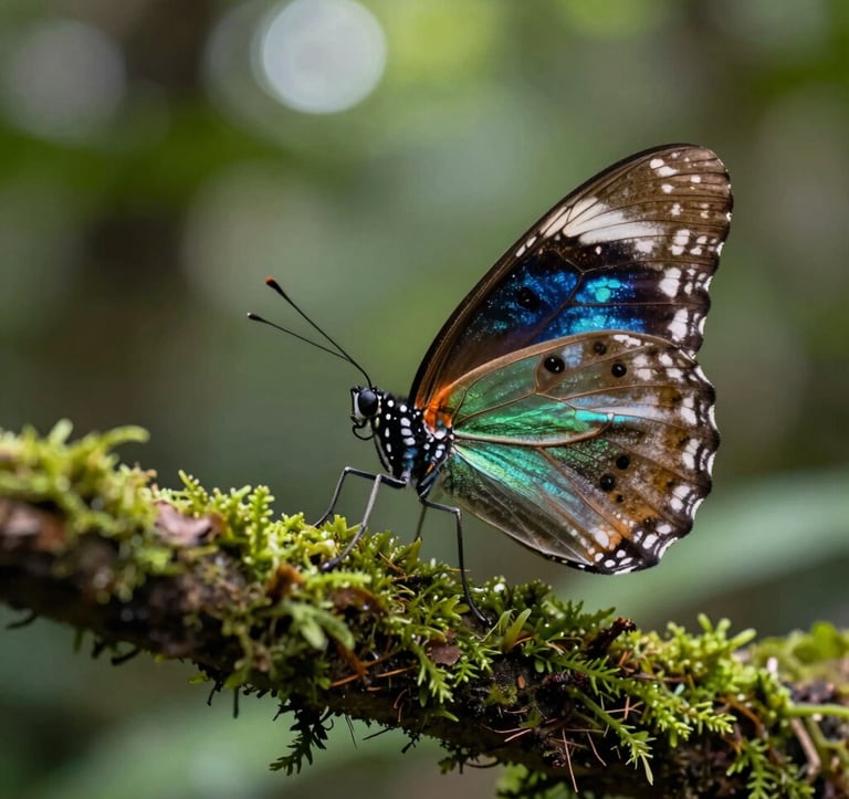 Macro photography of a rare Himalayan butterfly with iridescent wings perched on a mossy branch in the Godawari jungle, deep sage green forest bokeh background, dappled sunlight filtering through trees.
